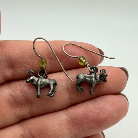 Small Sterling Silver 925 Fun Moose Dangle Earrings with Green Bead Pierced - Picture 4 of 11